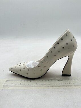 XYD White Studded Pointed Toe Chunky Heel Pumps Slip On Ladies Dress Shoes